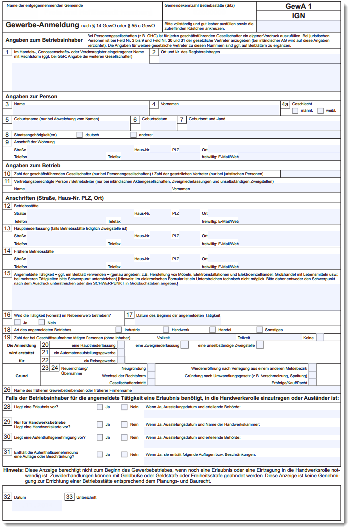 Kleingewerbe anmelden formular download